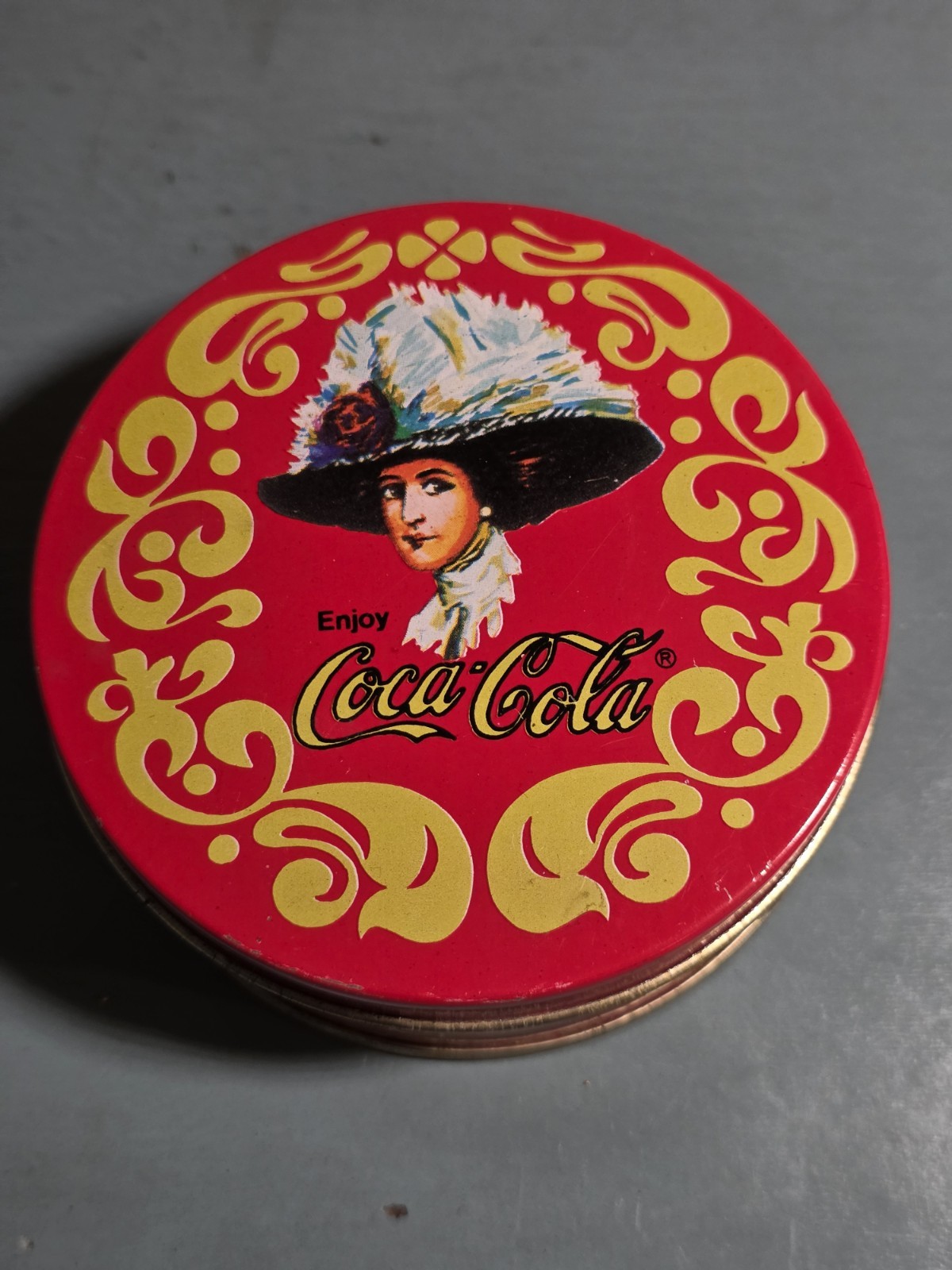 Coca Cola Red Tin Coaster Set With Cork Bottoms Featuring Vintage Lady Design - Coca Cola Red Tin Coaster Set With Cork Bottoms Featuring Vintage Lady Design -