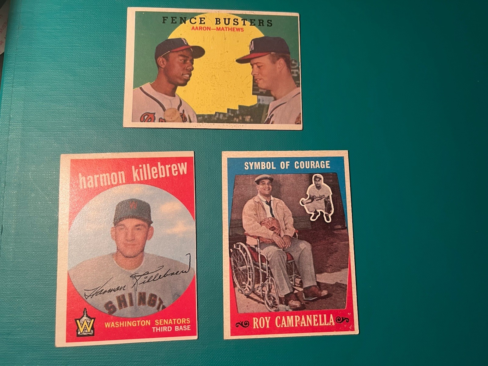 1959 TOPPS 3 HOF CLEAN MID-GRADE+ CAMPANELLA, KILLEBREW And AARON FENCE BUSTERS 1959 TOPPS 3 HOF CLEAN MID-GRADE+ CAMPANELLA, KILLEBREW And AARON FENCE BUSTERS