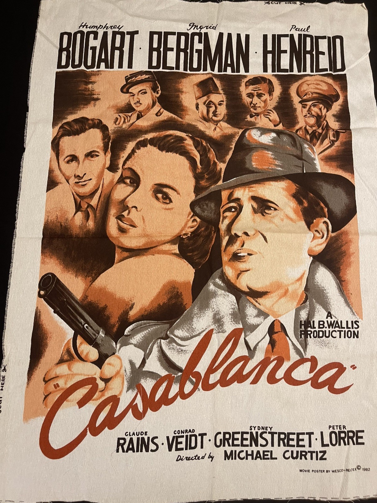 Casablanca RARE Vintage Fabric Panel Movie Poster 1982-Humphrey Bogart-Film Noir