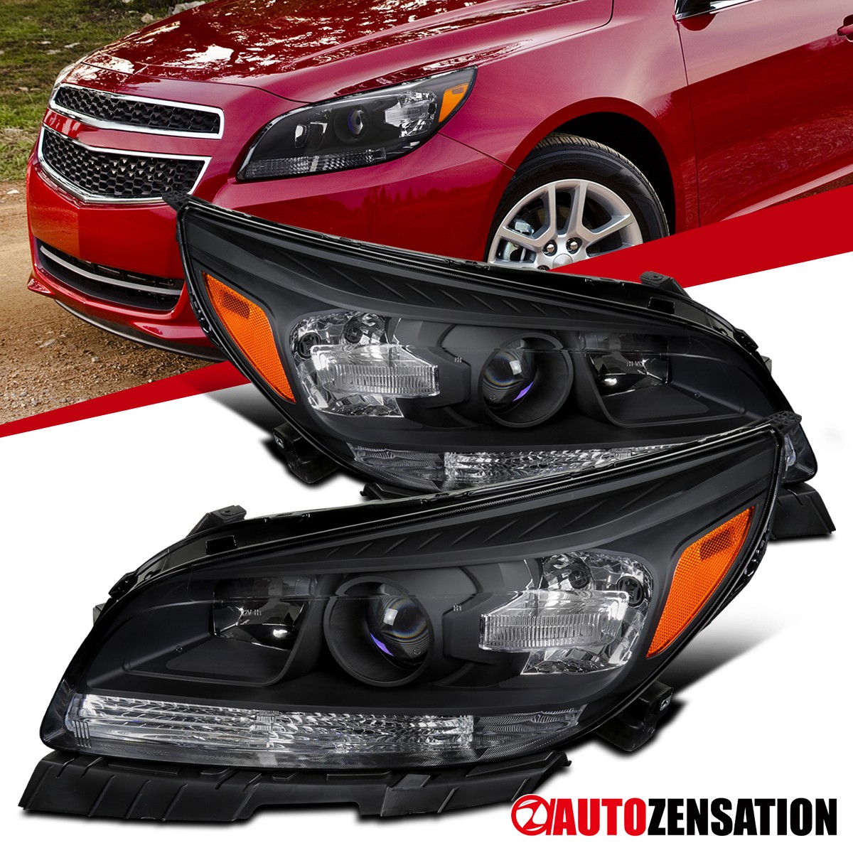 Black Fit 2013 2014 2015 Chevy Malibu Halogen Projector Headlights Left+Right