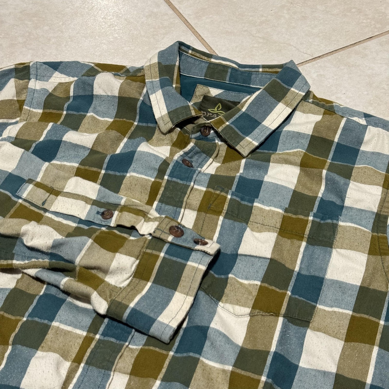 prAna Shirt Mens Large Green Blue Plaid Long Sleeve Organic Cotton M2HUNT315