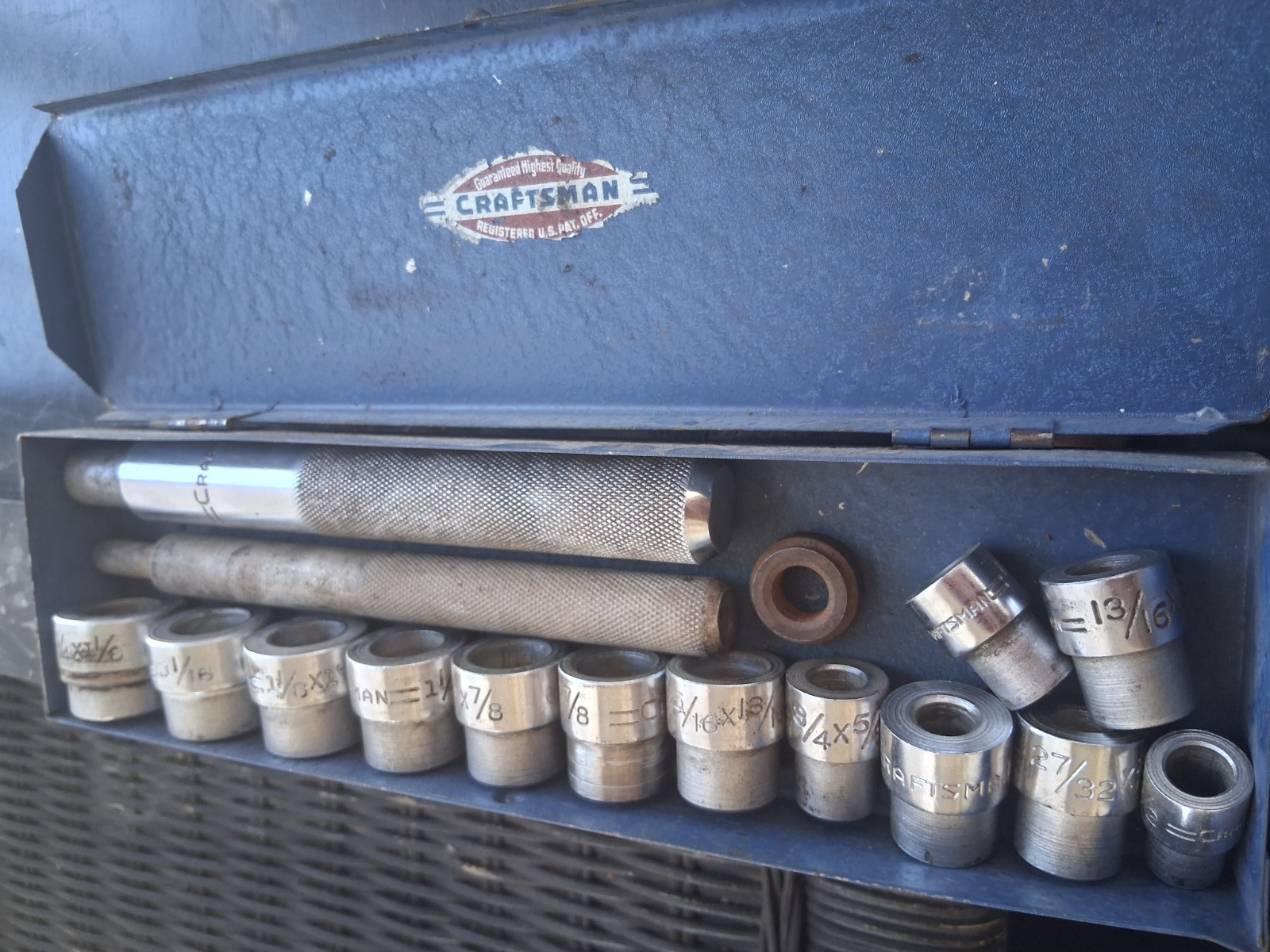 Vintage Craftsman Bushing Driver Set Blue Metal Box 16 Piece Set USA 1 1/4