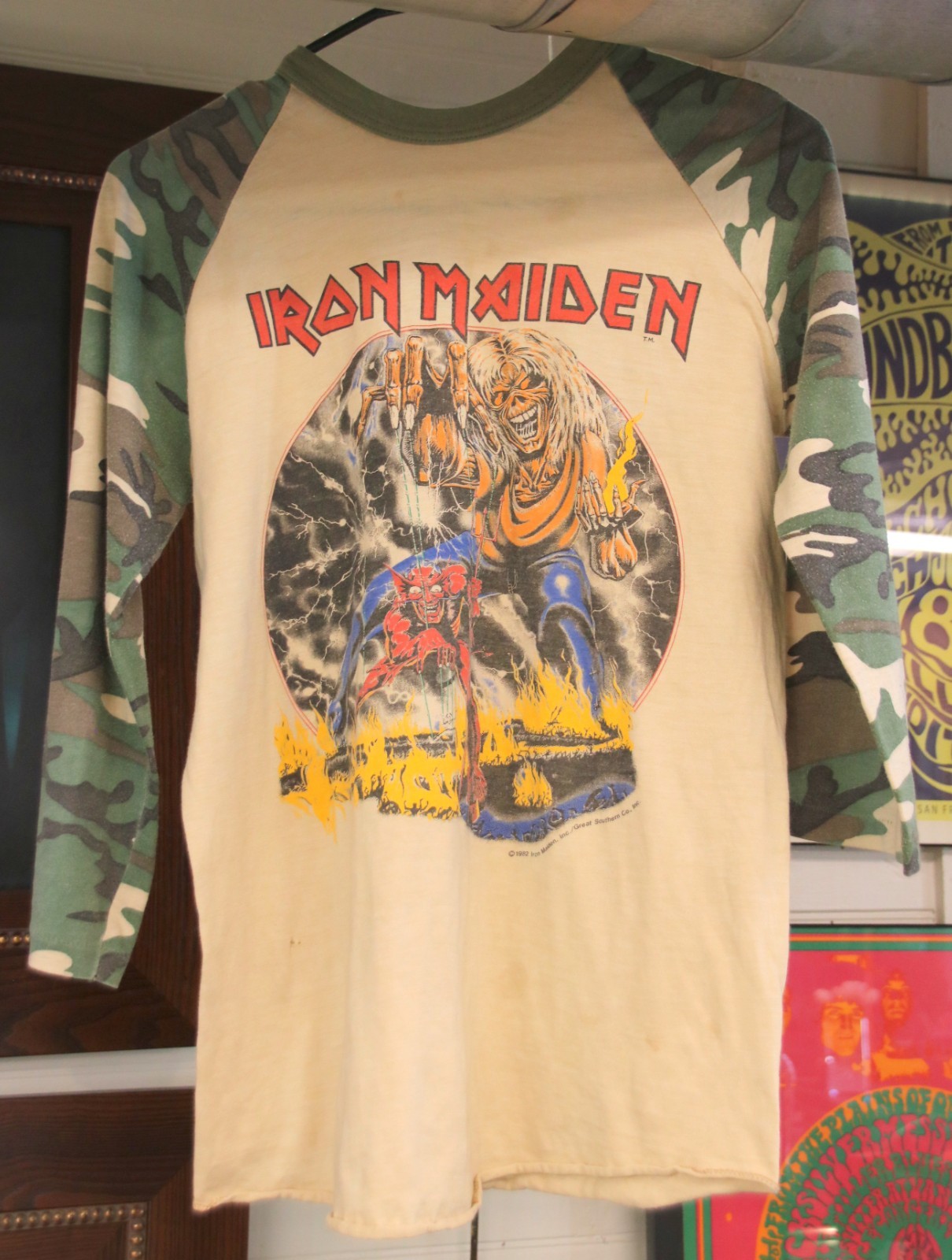 RARE Vintage 1982-83 Iron Maiden Number of the Beast Tour Shirt Camo Sleeve S-M