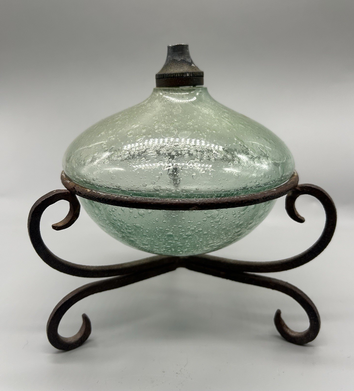 Vtg Hand Blown Green Seeded Bubble Glass Oil Lamp Wrought Iron Scroll Stand 5 Vtg Hand Blown Green Seeded Bubble Glass Oil Lamp Wrought Iron Scroll Stand 5