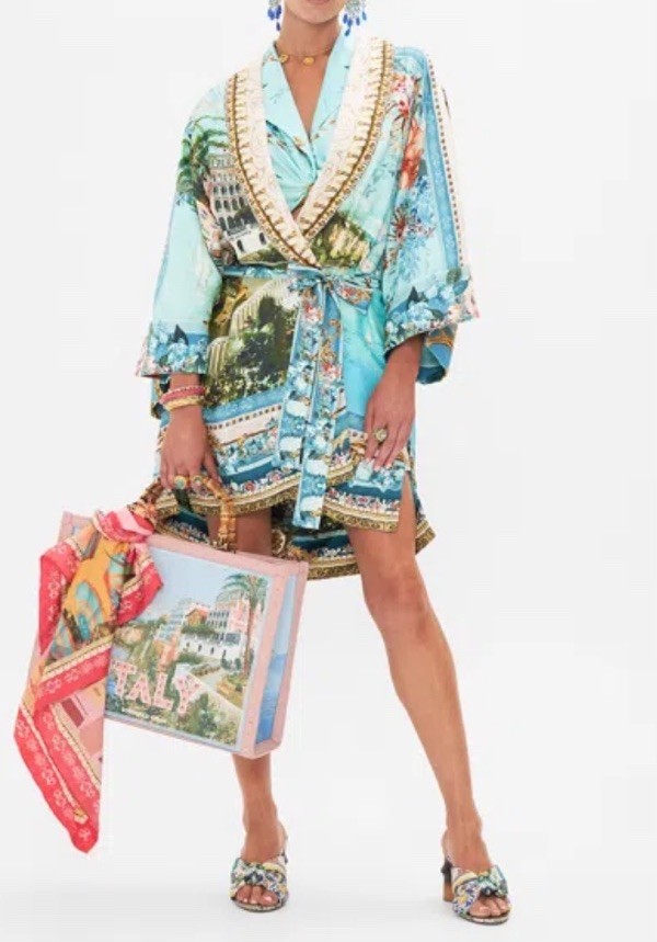New Camilla Silk Robe Blue Kimono From Sorrento With Love One Size $999 Italy