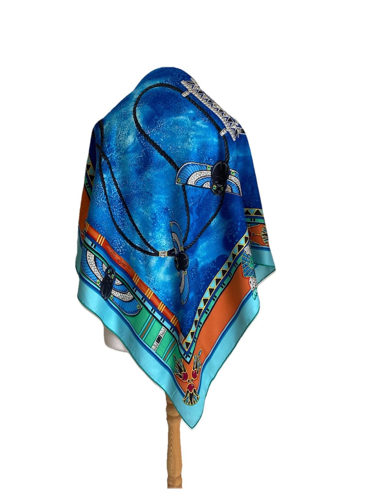 S17# MUST DE CARTIER 100% Silk Scarf Egyptian Scarab Blue Jewel Wrap France