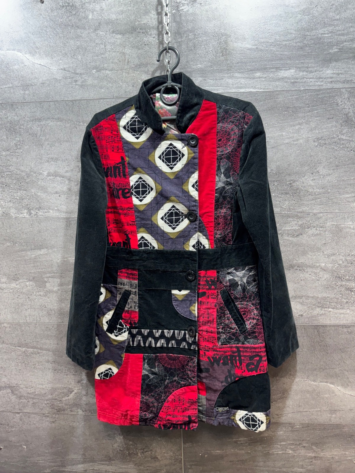 Desigual Dream Patchwork Black Red Long Jacket Coat Womens Size 40 Desigual Dream Patchwork Black Red Long Jacket Coat Womens Size 40