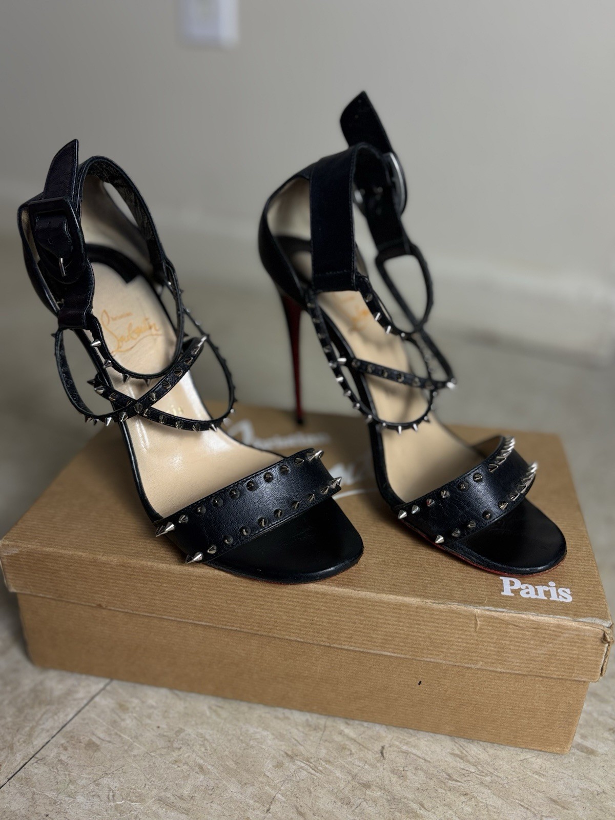 Christian Louboutin Studded Sandals Black Silver Size EU 38.5/US 8 Christian Louboutin Studded Sandals Black Silver Size EU 38.5/US 8