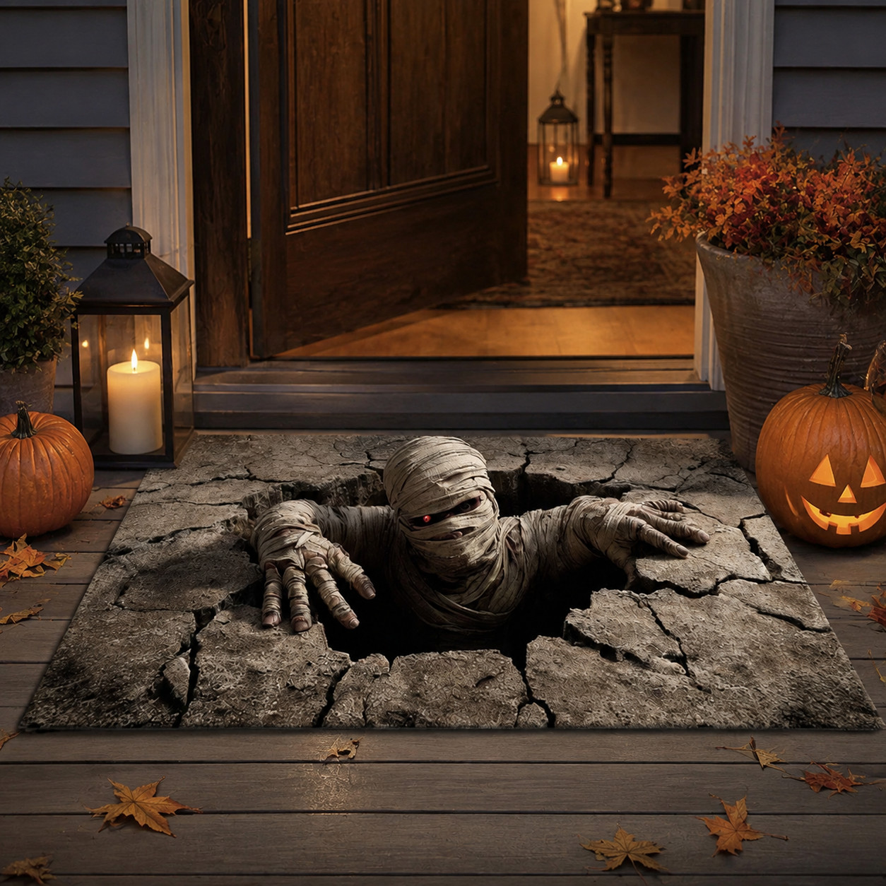 Halloween Mummy Hole Doormat, 3D Cracked Ground Illusion Rug, Spooky Porch Decor