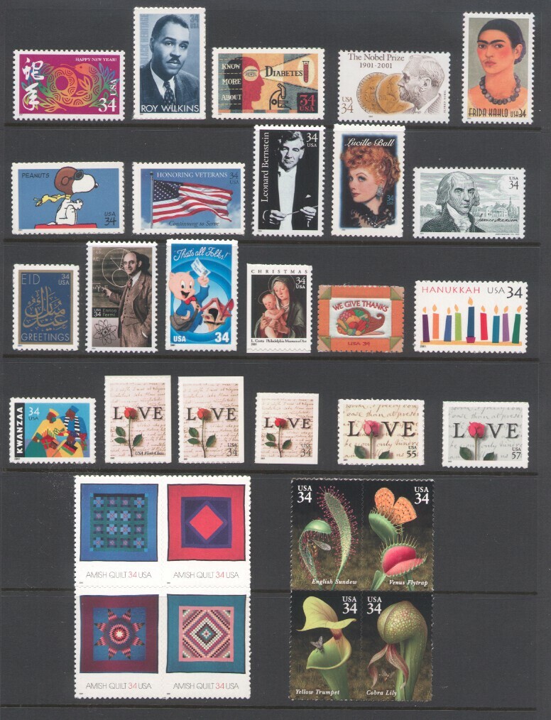 2001 U.S. COMMEMORATIVE YEAR SET *102 STAMPS* WITH 4 SHEETS & AIRMAILS MINT-NH