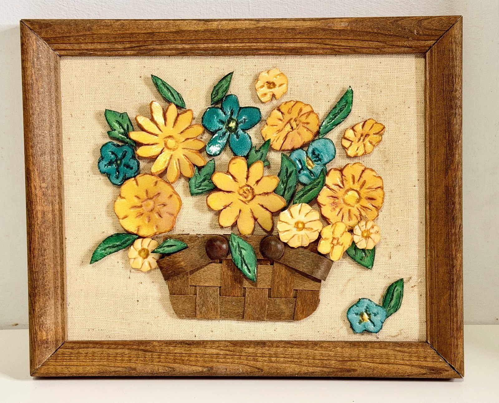 VTG 1970s 3D Wood Floral Basket Wall Art Burlap Folk Art Framed 10x8