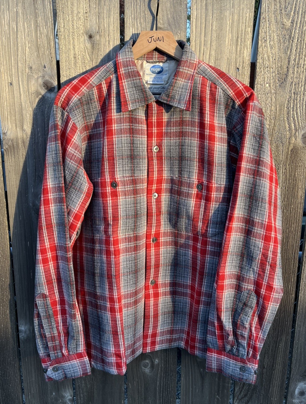 Vtg 50s Pilgrim Mens L Wool Blend Looped Collar Button Shirt Jacket Plaid USA