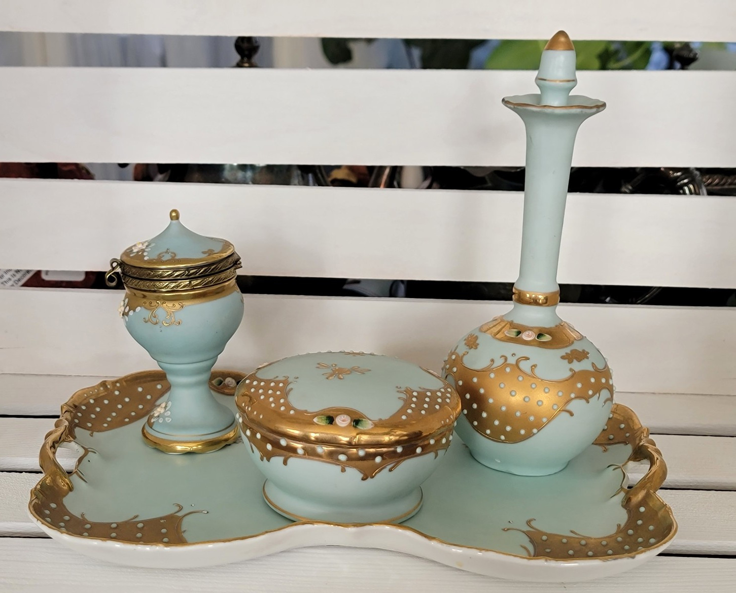 Vintage Lenwile Ardalt Japan Porcelain Vanity Set Blue Gold Moriage 4pc