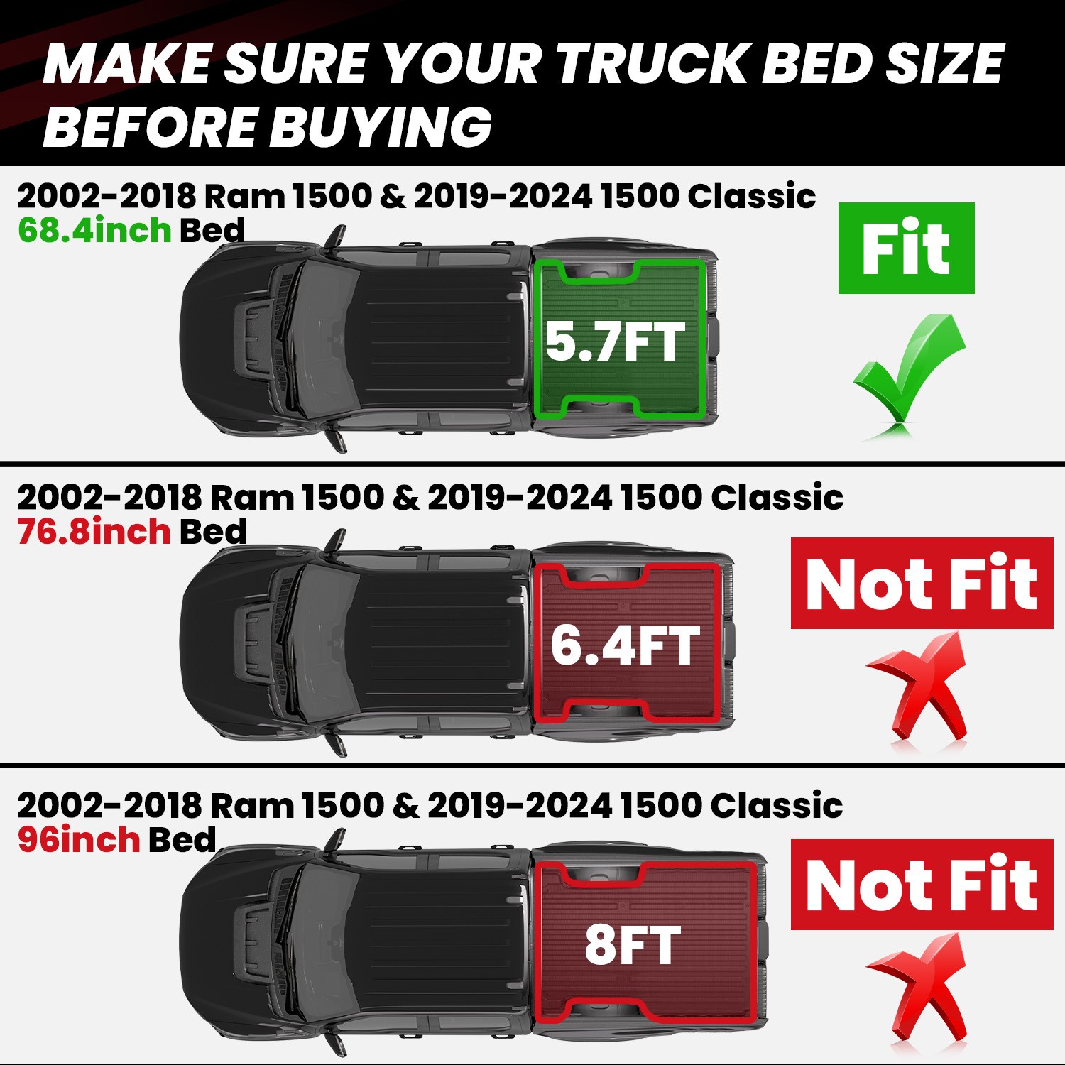 For 2006-2027 Ram 1500 Standard/Power Tailgate Mat or 5.7ft /6.4ft Truck Bed Mat