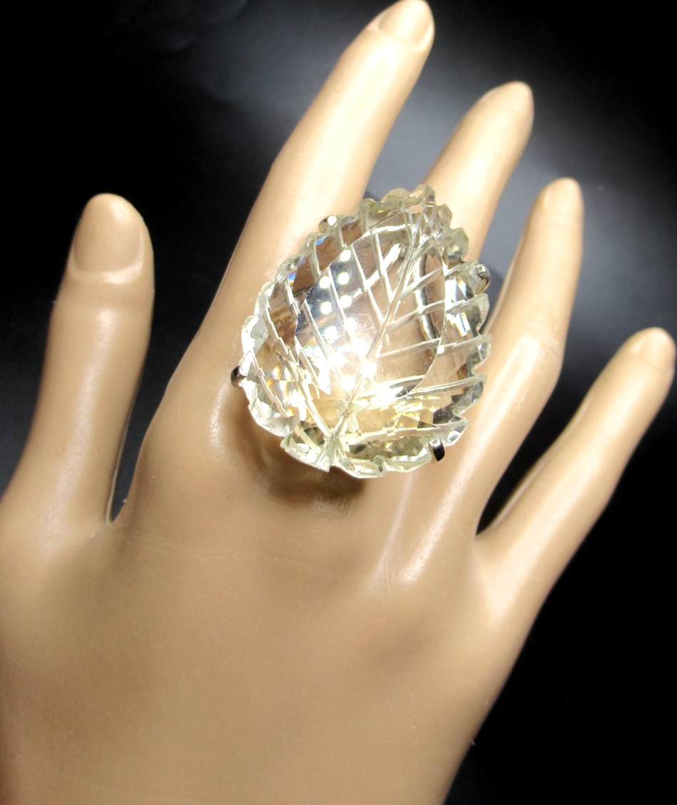 MASSIVE Genuine Quartz Carved Leaf Ring Size 11