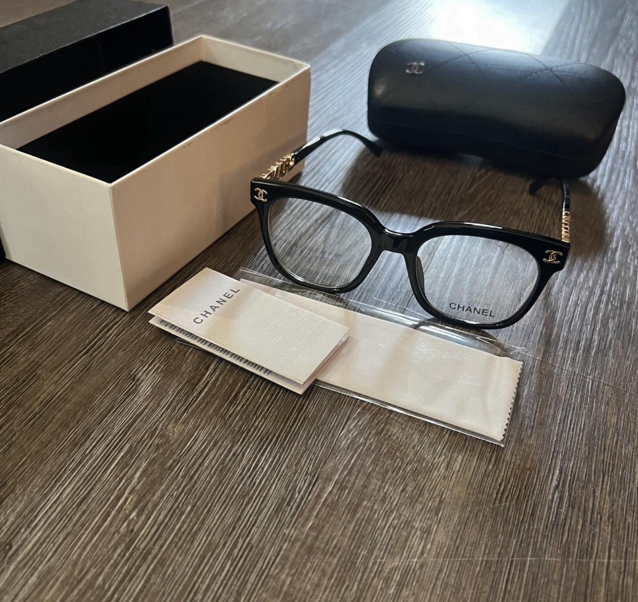 CHANEL Square Black Plastic Full Rim Eyeglasses with Case and Box CHANEL Square Black Plastic Full Rim Eyeglasses with Case and Box