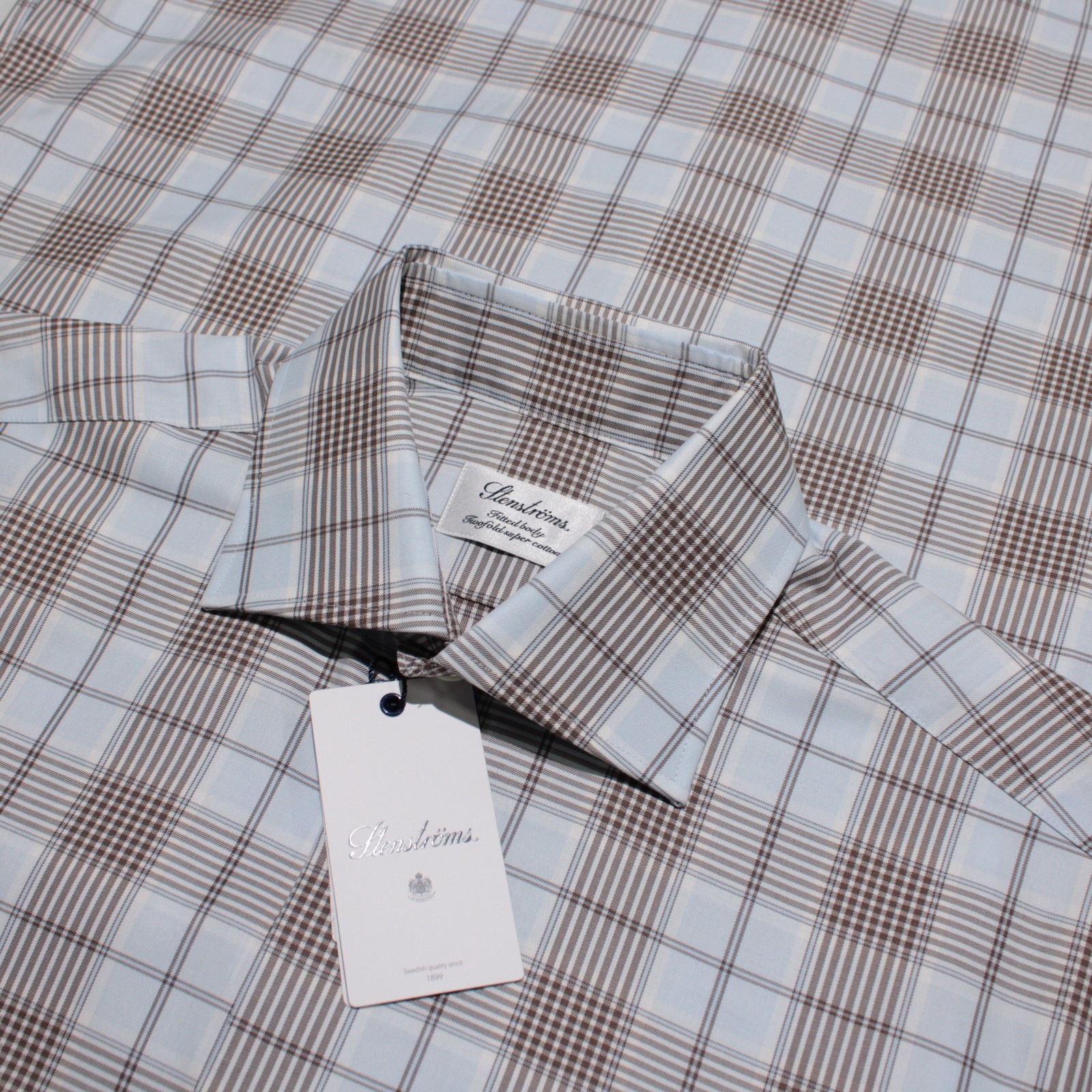 Stenstroms NWT Dress Shirt Size 39 15.5 Blue / Brown / White Plaid 100% Cotton