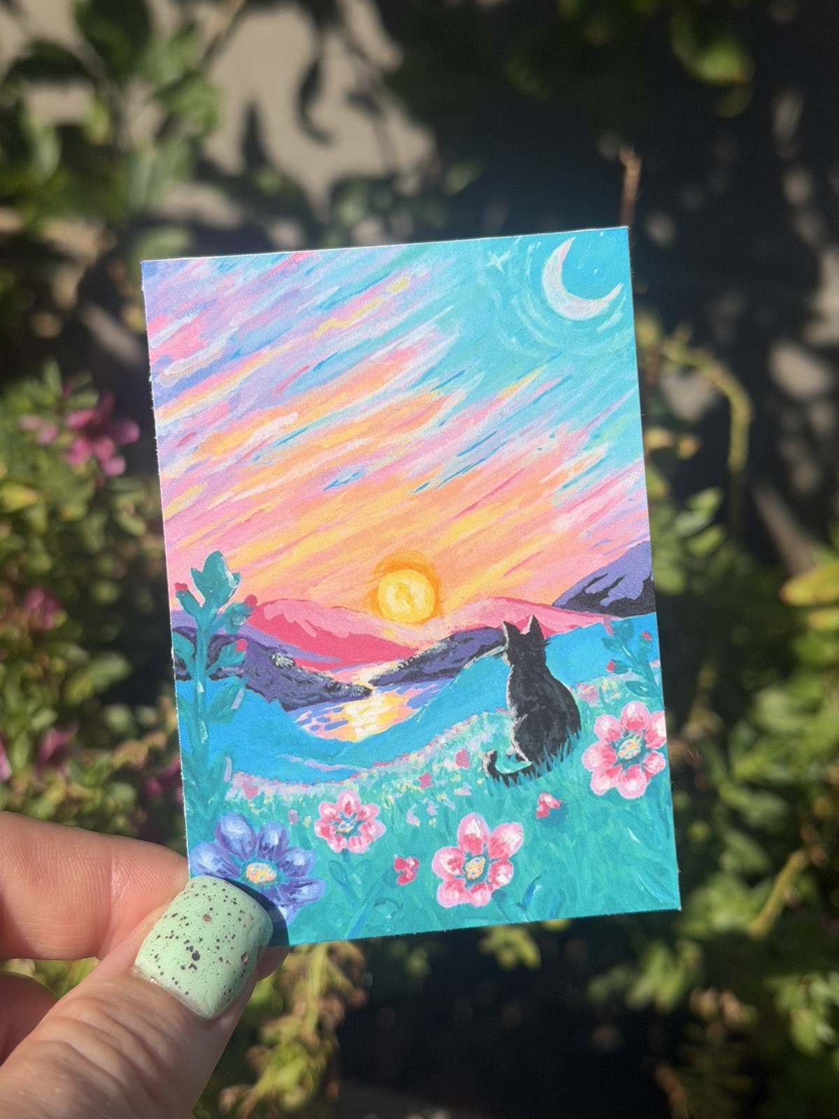 ACEO PRINT Limited Edition Painting Cat Whimsical Landscape Art shaped.by.sykes