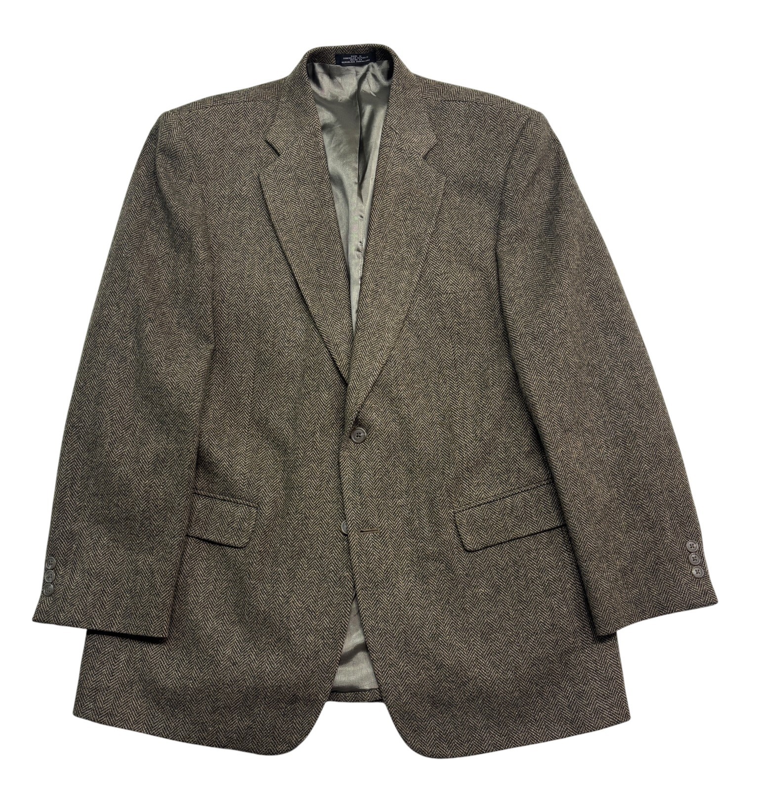 vtg Herringbone Tweed 44L Dark Green Tan Wool Lambswool Blazer Jacket Sport Coat