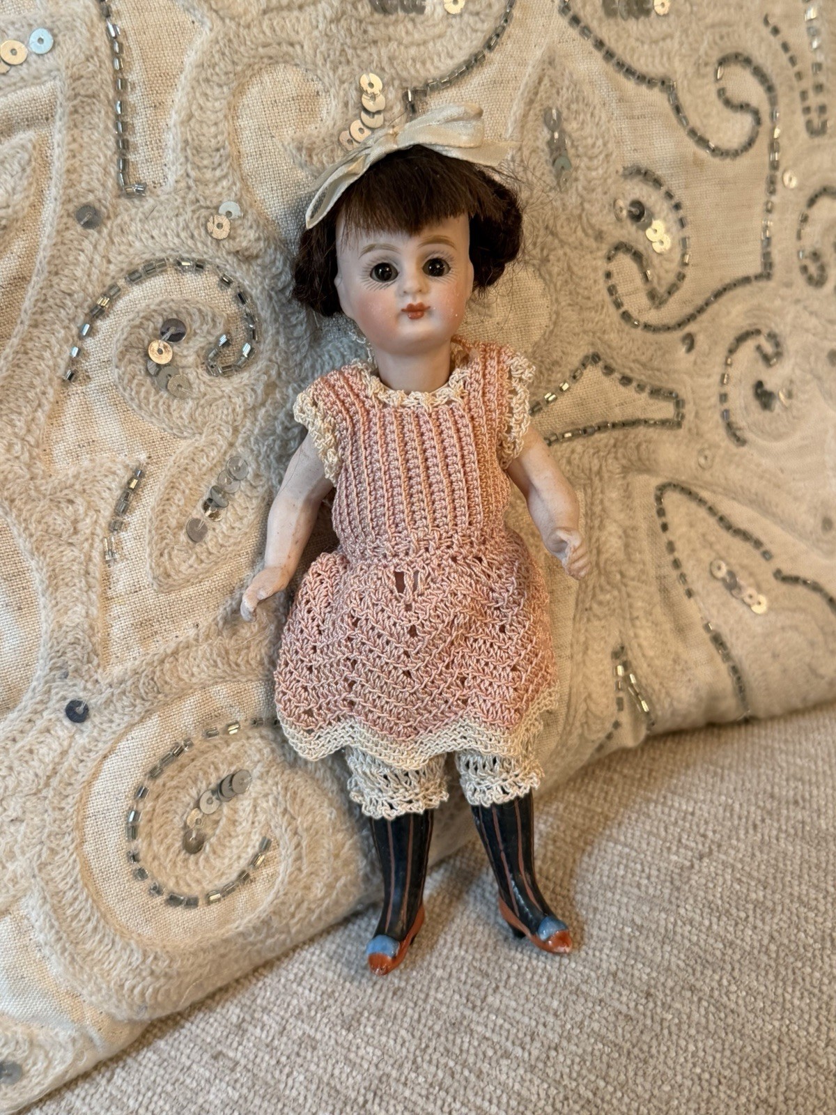 Rare Antique 6.5” All Bisque Doll Glass Sleep Eyes Black Stockings Fancy Shoes