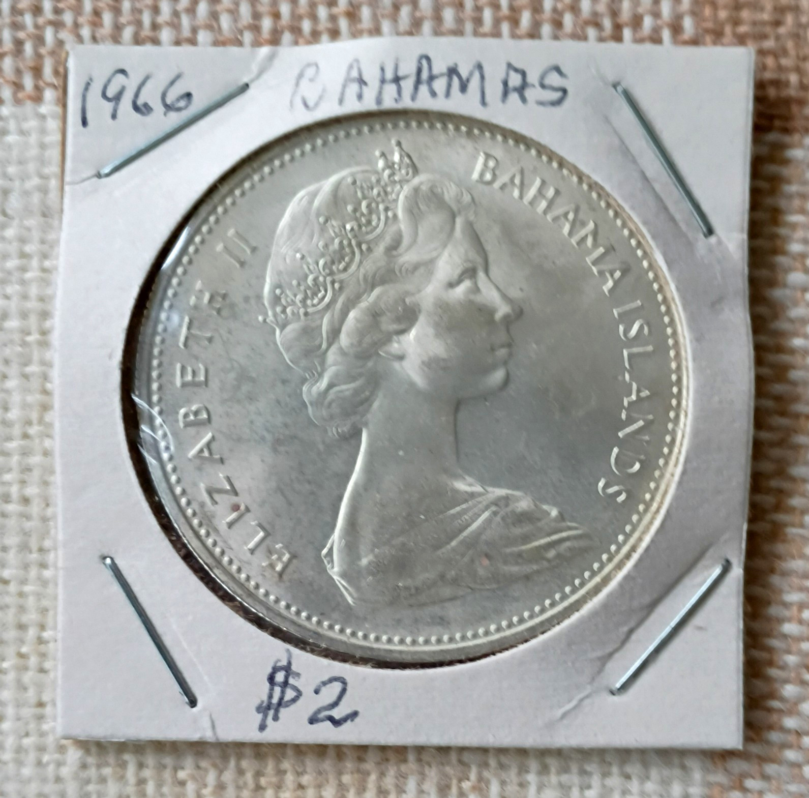 1966 Bahamas 2 Dollars Silver Coin 0.9 Fine Elizabeth II KM#4 1966 Bahamas 2 Dollars Silver Coin 0.9 Fine Elizabeth II KM#4