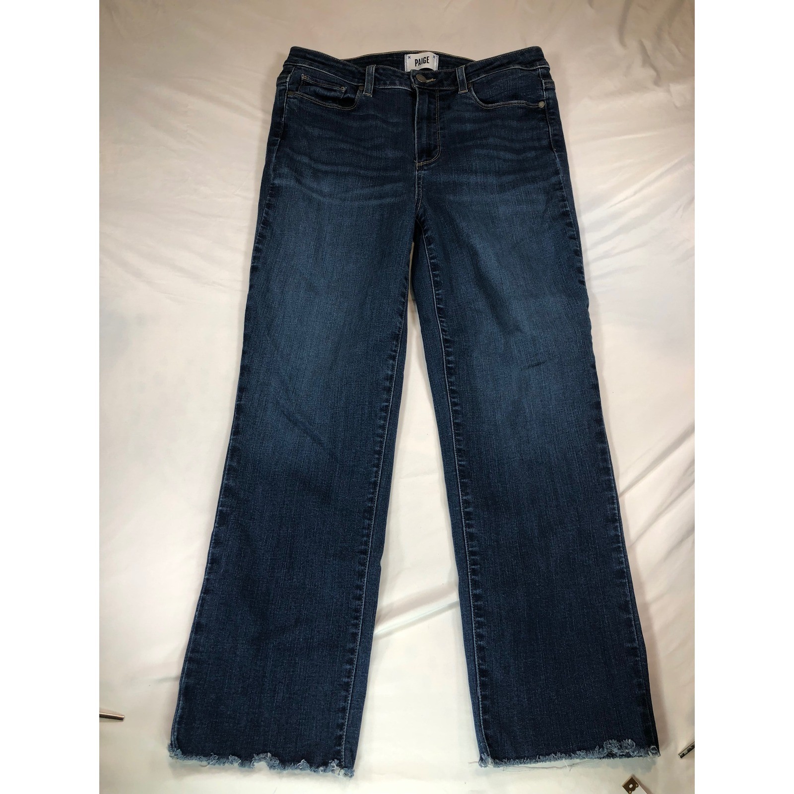 Paige Hoxton Straight Ankle Jeans Dark Wash Raw Hem Size 31 Stretch Denim