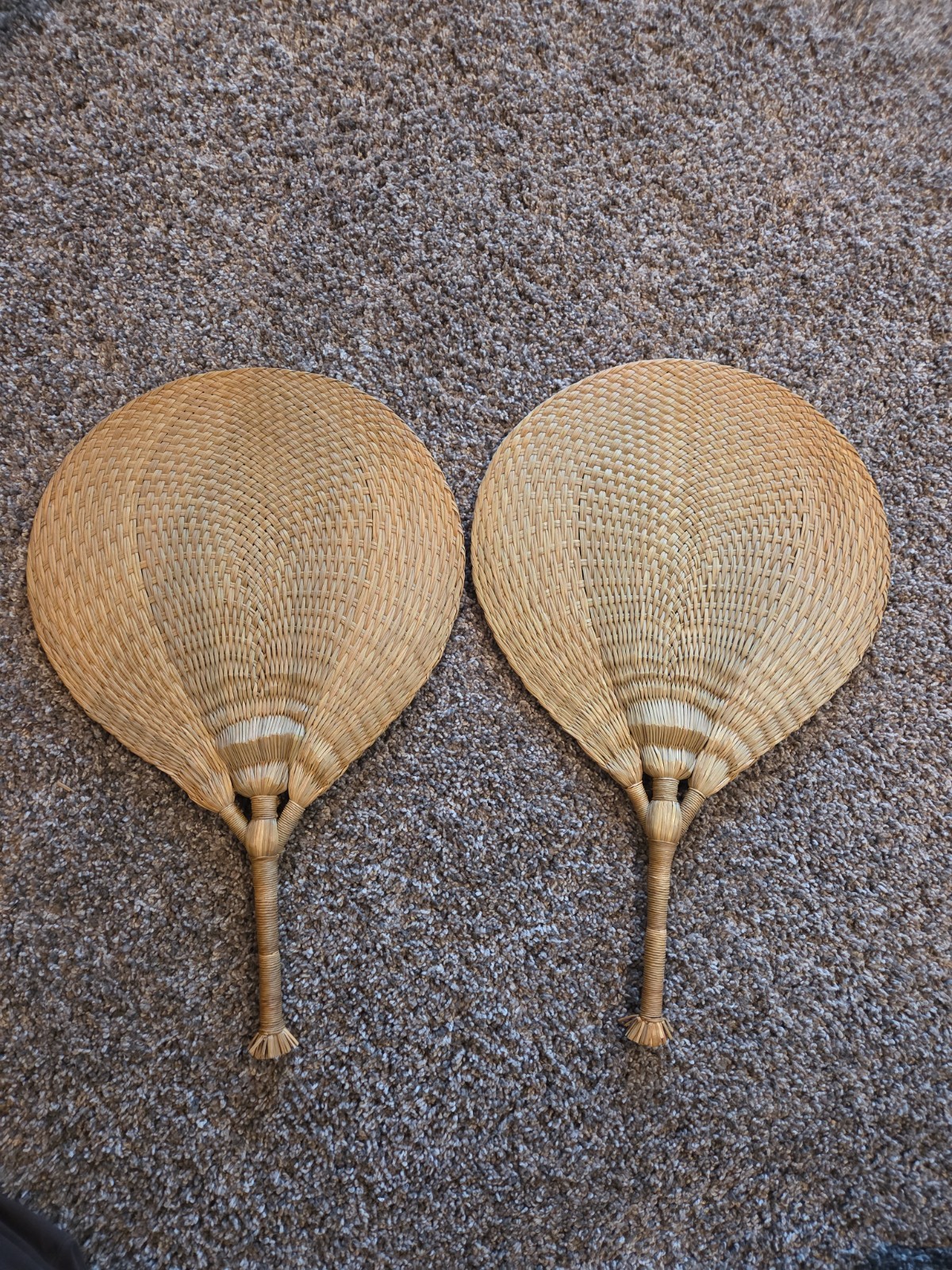 Vintage Pair Japanese Okinawa Kuba Oji Fans Woven Palm Leaf Uchiwa Wall Decor