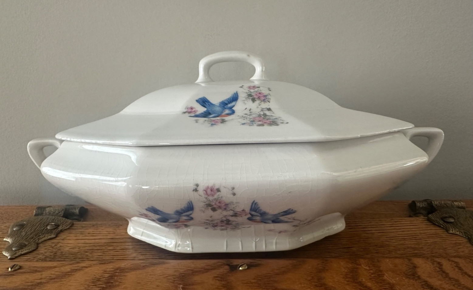 Antique Vintage Bluebird Blue Bird Covered Eight Sided Casserole, Unmarked Antique Vintage Bluebird Blue Bird Covered Eight Sided Casserole, Unmarked