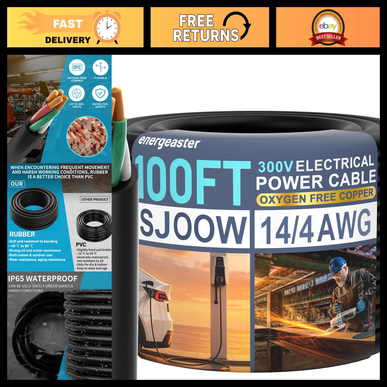 100FT 14/4 SJOOW Heavy Duty Portable Power Cable, 14 Gauge 4 Conductor ETL Certi