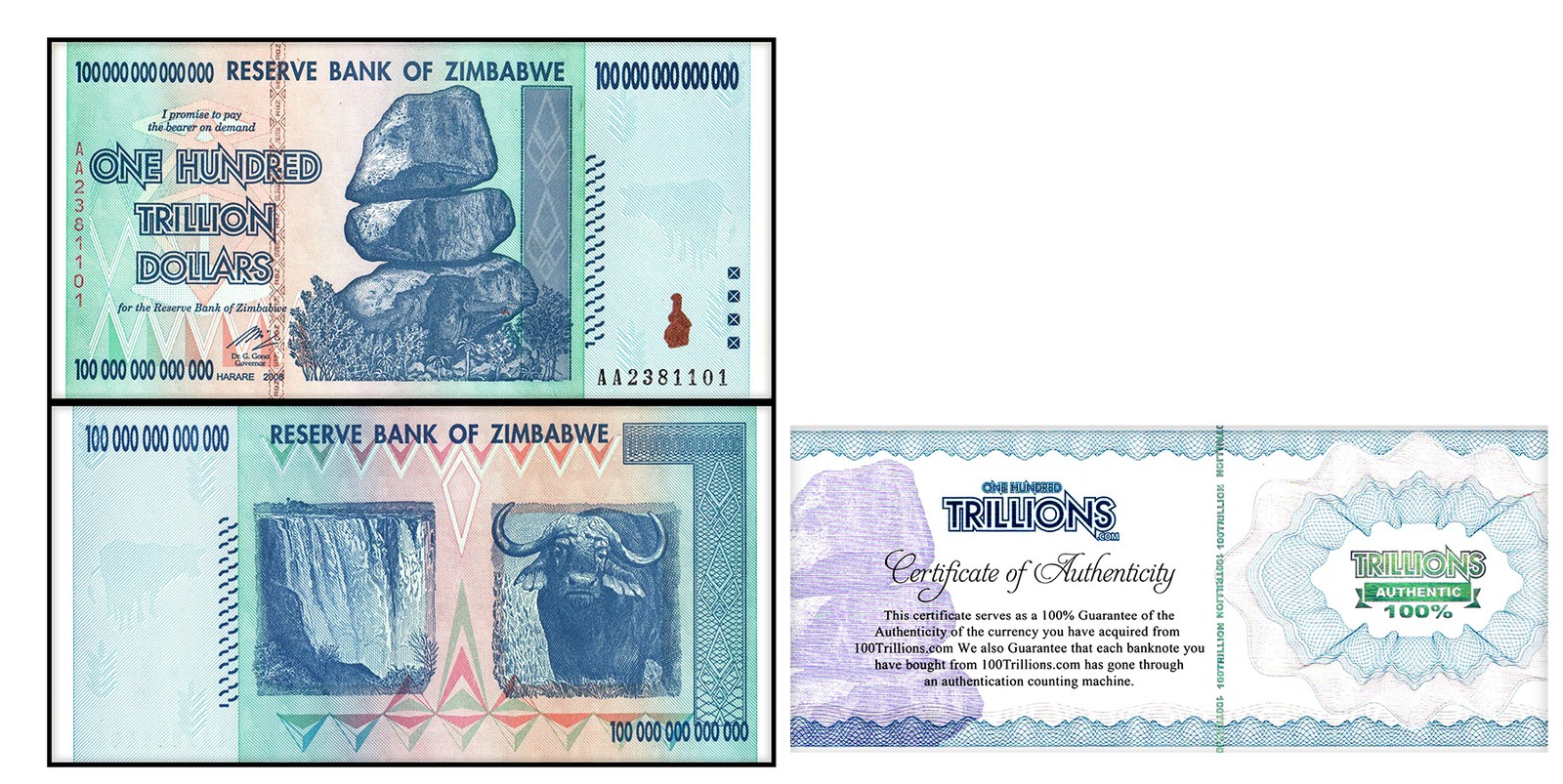 ZIM Zimbabwe 100 Trillion Banknote 1 Note AA/2008, P-91, UNC authentic COA ZIM Zimbabwe 100 Trillion Banknote 1 Note AA/2008, P-91, UNC authentic COA