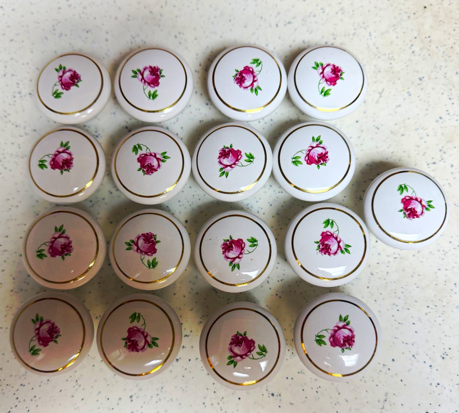 17pc Antique White Porcelain Cabinet Knobs Round Pink Floral Gold Trim 17pc Antique White Porcelain Cabinet Knobs Round Pink Floral Gold Trim