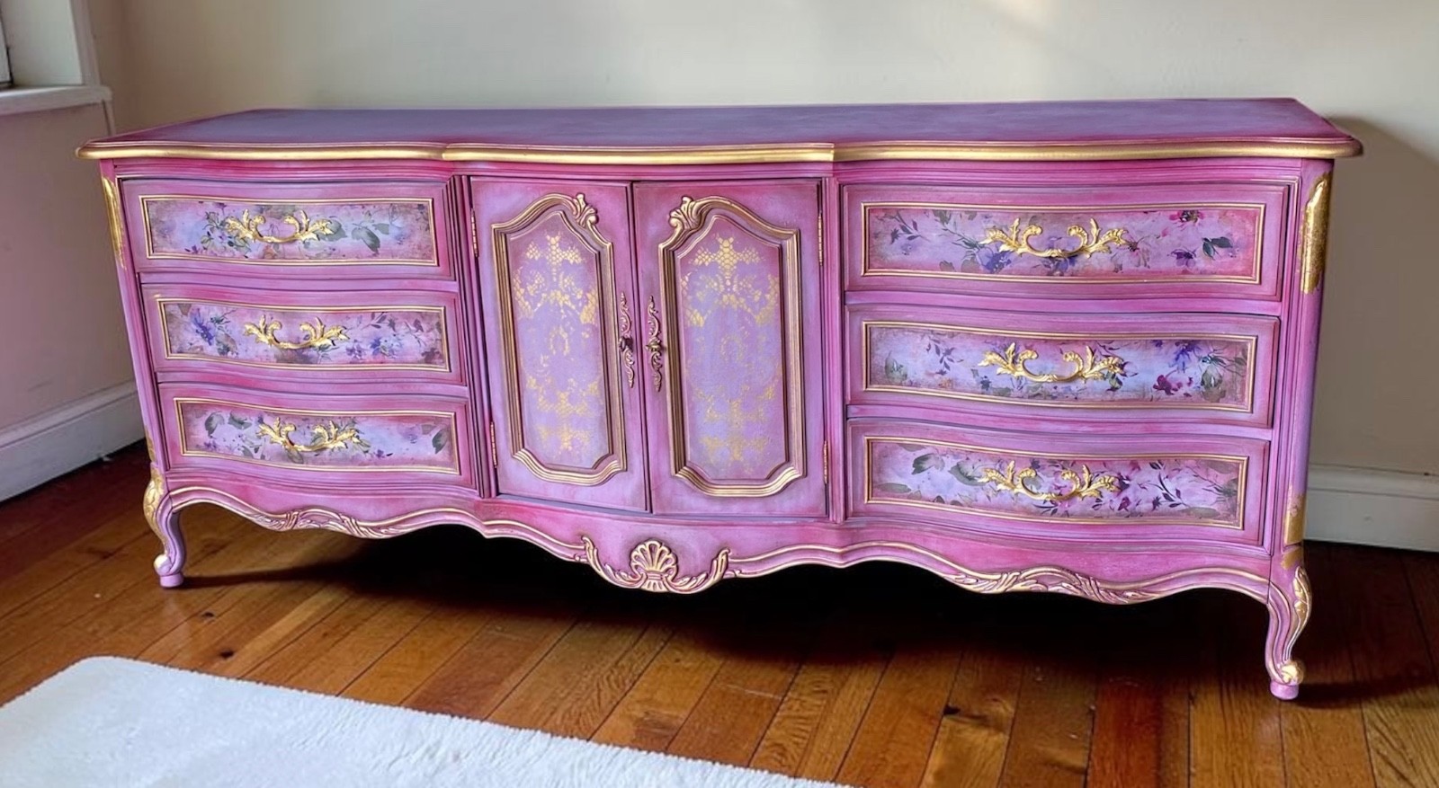 Magnificent pink and gold solid wood nine drawer French provincial dresser Magnificent pink and gold solid wood nine drawer French provincial dresser