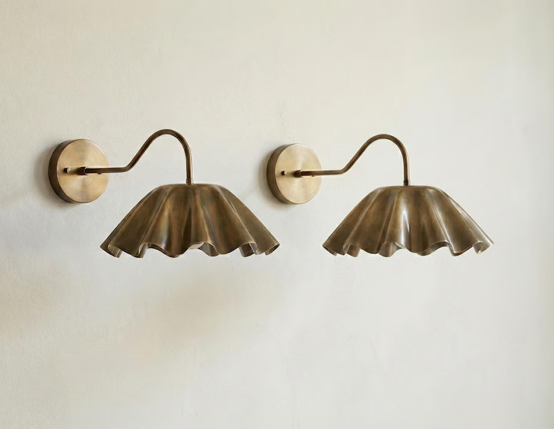 2 X Vintage Brass Ruffle Shade Mid Century Modern Brass Flower Shade Wall Sconce