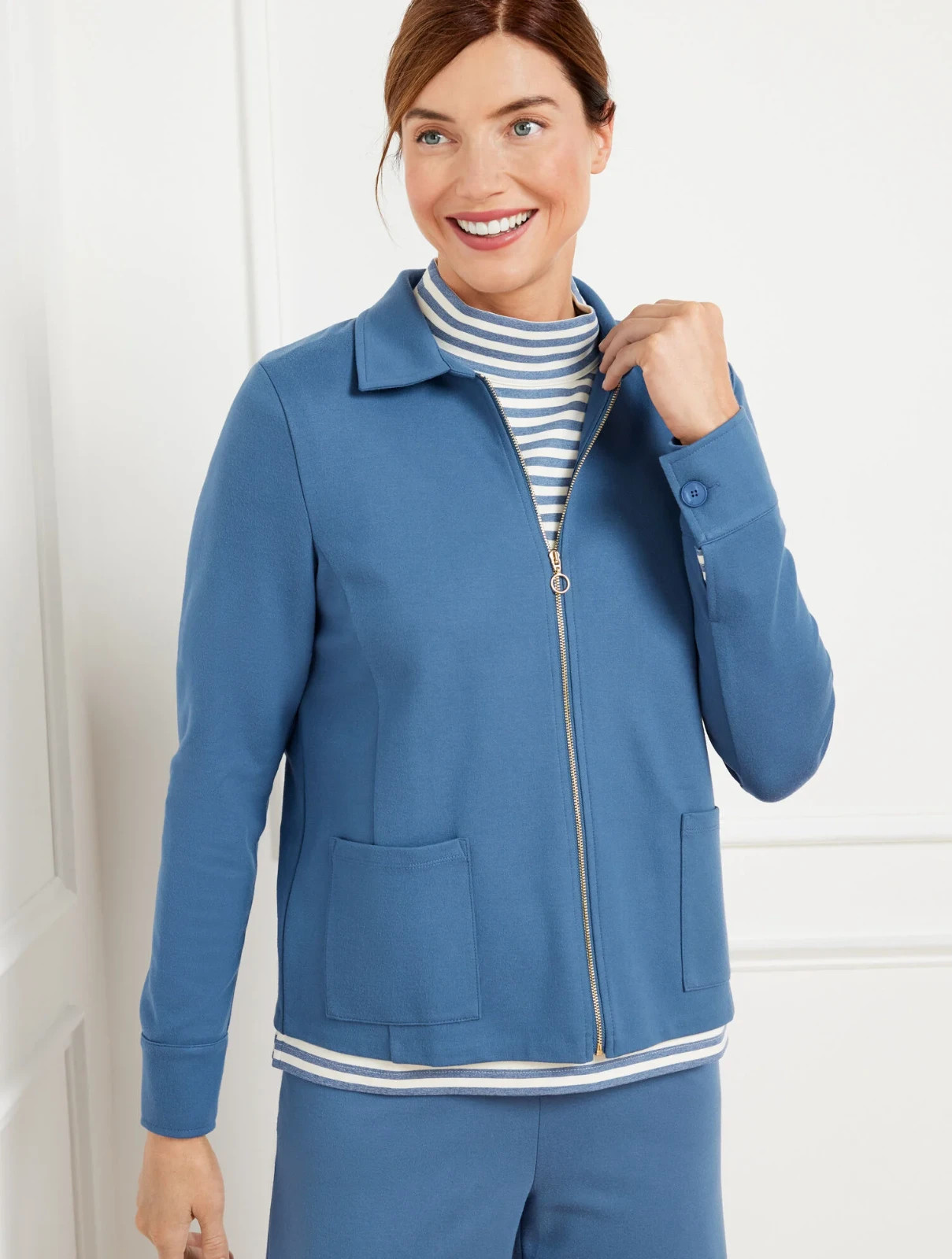 Talbots Plus Blue Zipped Cardigan Jacket Effortless Pockets Button Cuff Size 2X