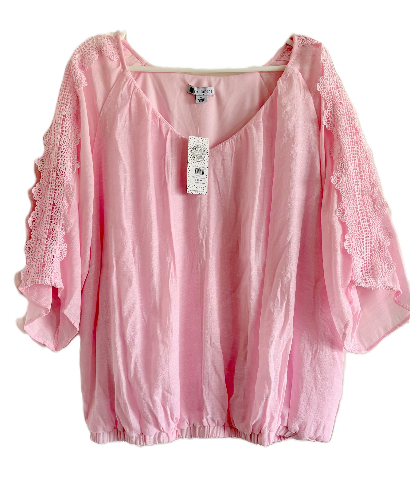 Rockmans Lace Shoulder Top Size 16 Pink Viscose Blend 3/4 Sleeves BNWT