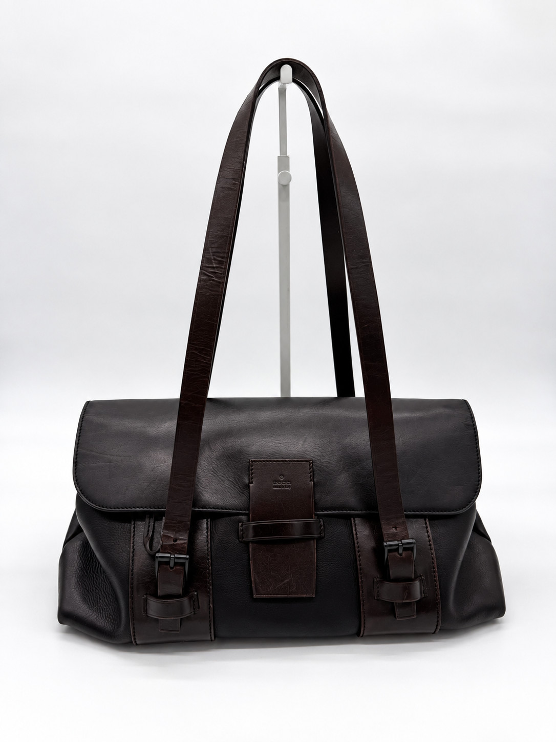 GUCCI 101287 Calfskin Leather Shoulder Tote Bag Black Brown Vintage