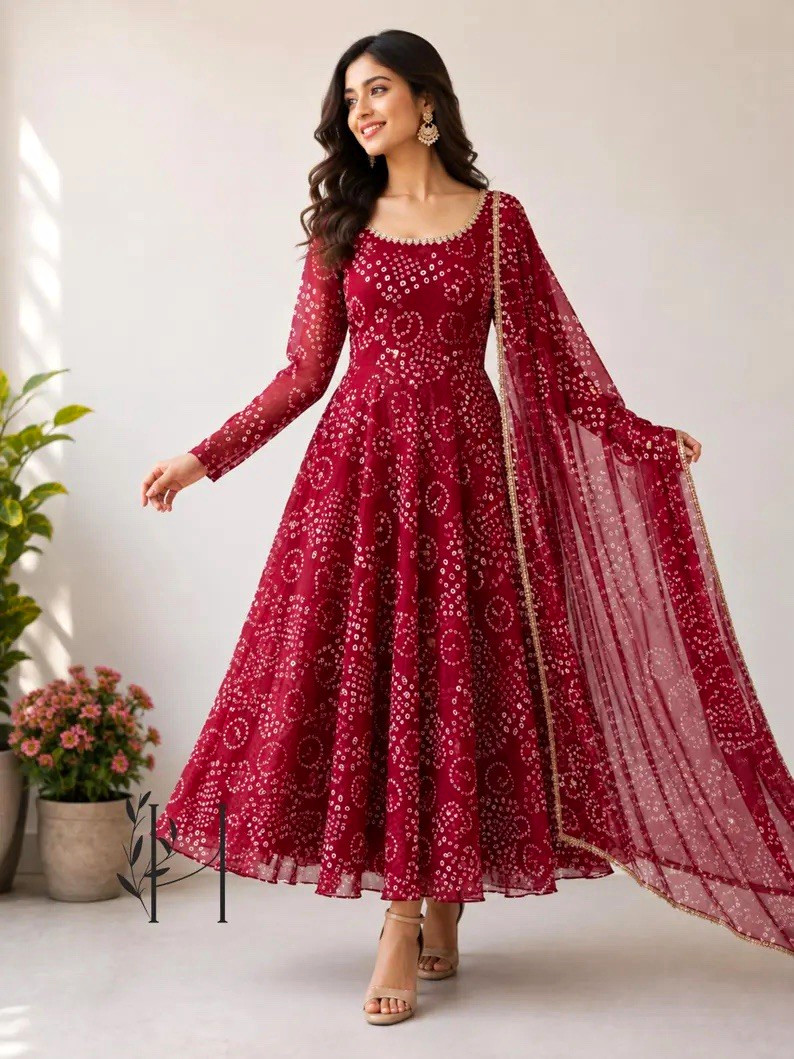 Women’s Red Georgette Anarkali Suit with Dupatta, Custom Size