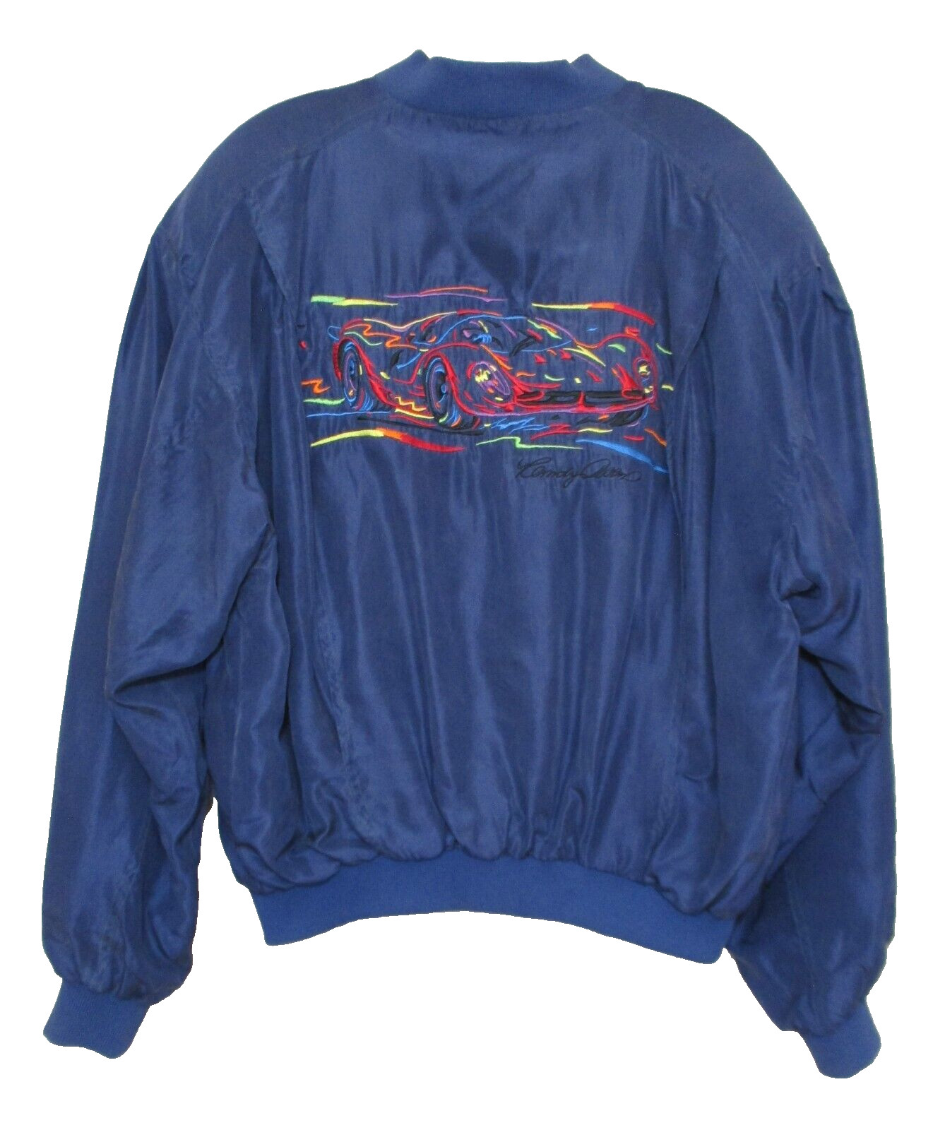 Vintage Randy Owens Sharper Image Jacket Bomber Embroidered Blue Silk S Men
