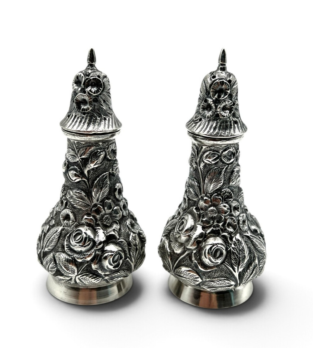 Schofield Baltimore Rose Salt & Pepper Shakers Sterling Silver c.1904, 143g