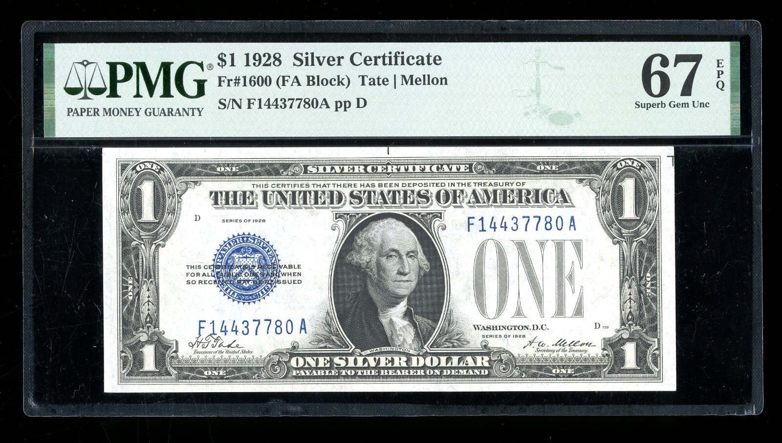 DBR 1928 $1 Silver Fr. 1600 FA Block Superb Gem PMG 67 EPQ Serial F14437780A DBR 1928 $1 Silver Fr. 1600 FA Block Superb Gem PMG 67 EPQ Serial F14437780A