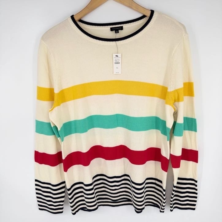 NEW Talbots Pima Cotton Crew Neck Pullover Sweater Women XL Ivory Stripe Coastal
