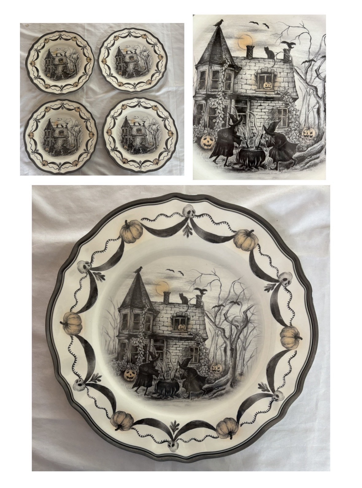 NEW Victorian Style Halloween Melamine Dinner Plates Witch Cauldron Haunted 4-Pc NEW Victorian Style Halloween Melamine Dinner Plates Witch Cauldron Haunted 4-Pc