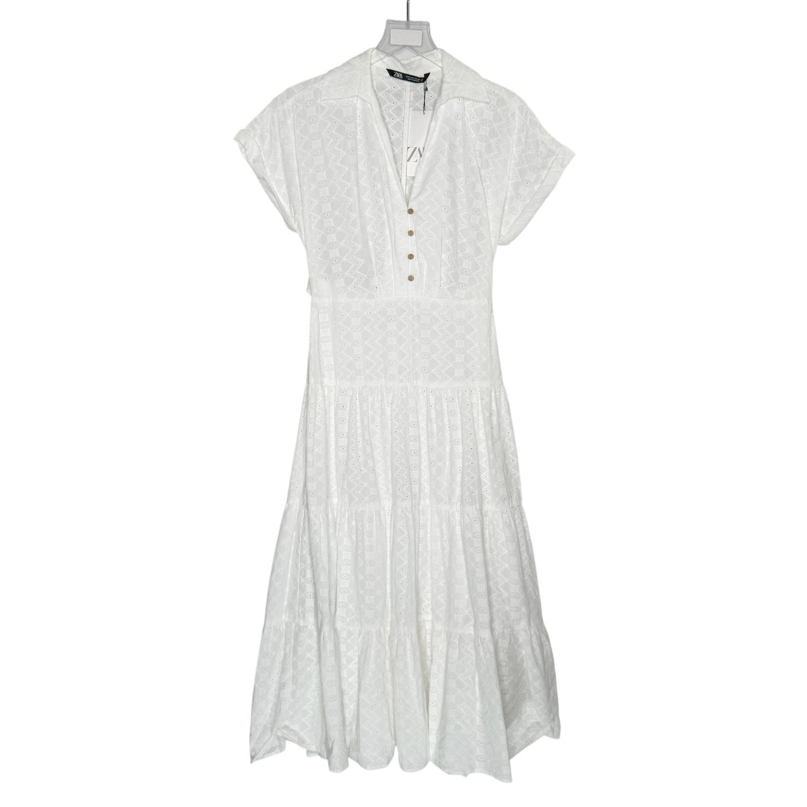 Zara Embroidered Eyelet Cut Out Midi Shirt Dress S NEW White Resort Travel