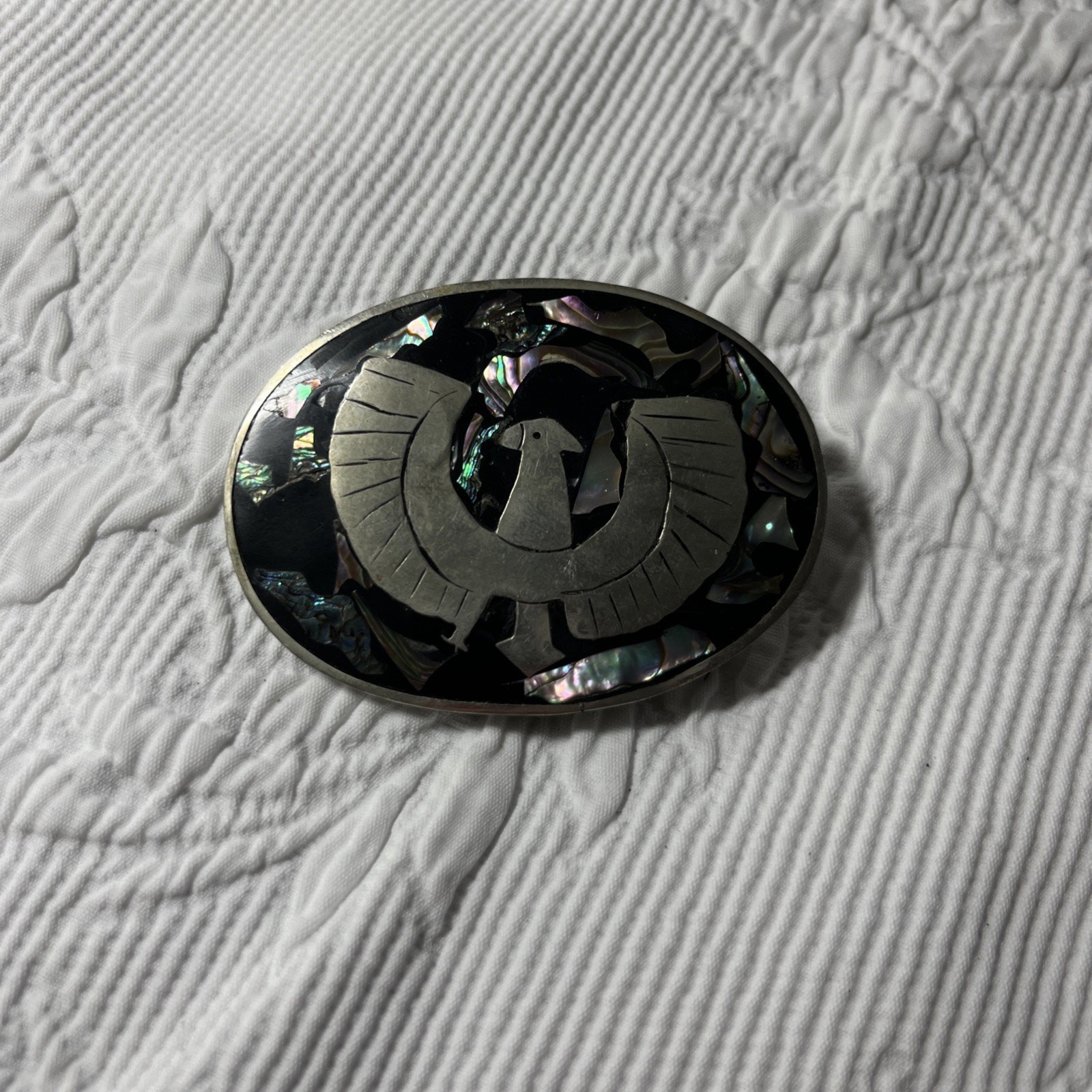 Belt buckle VTG Mexican inlaid silver eagle with abalone stone Belt buckle VTG Mexican inlaid silver eagle with abalone stone