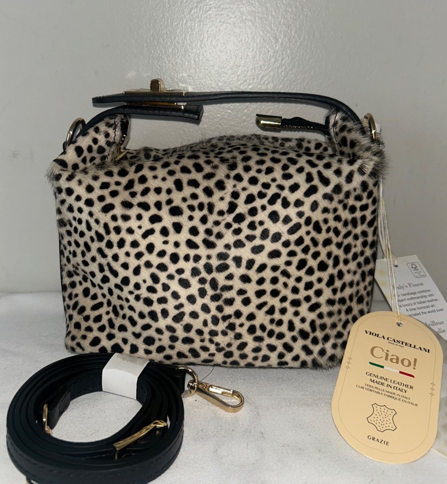 NEW NWT VIOLA CASTELLANI Calf Hair Cheetah Print Top Handle Crossbody Bag