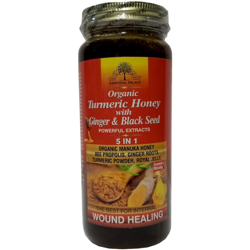 TURMERIC HONEY With GINGER & BLACK SEED By Essential Palace 5 in 1, 16 oz. TURMERIC HONEY With GINGER & BLACK SEED By Essential Palace 5 in 1, 16 oz.