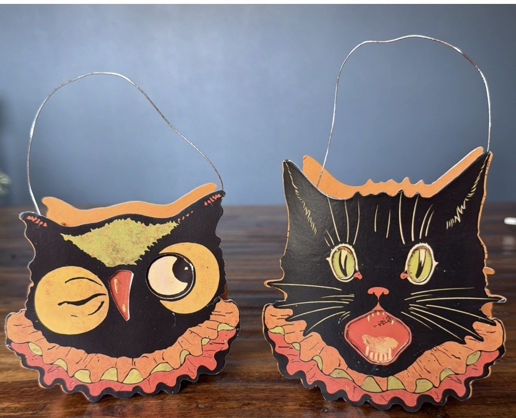 Possible Vintage Bethany Lowe Halloween Scaredy Cat &Owl Lantern Luminary Bucket Possible Vintage Bethany Lowe Halloween Scaredy Cat &Owl Lantern Luminary Bucket