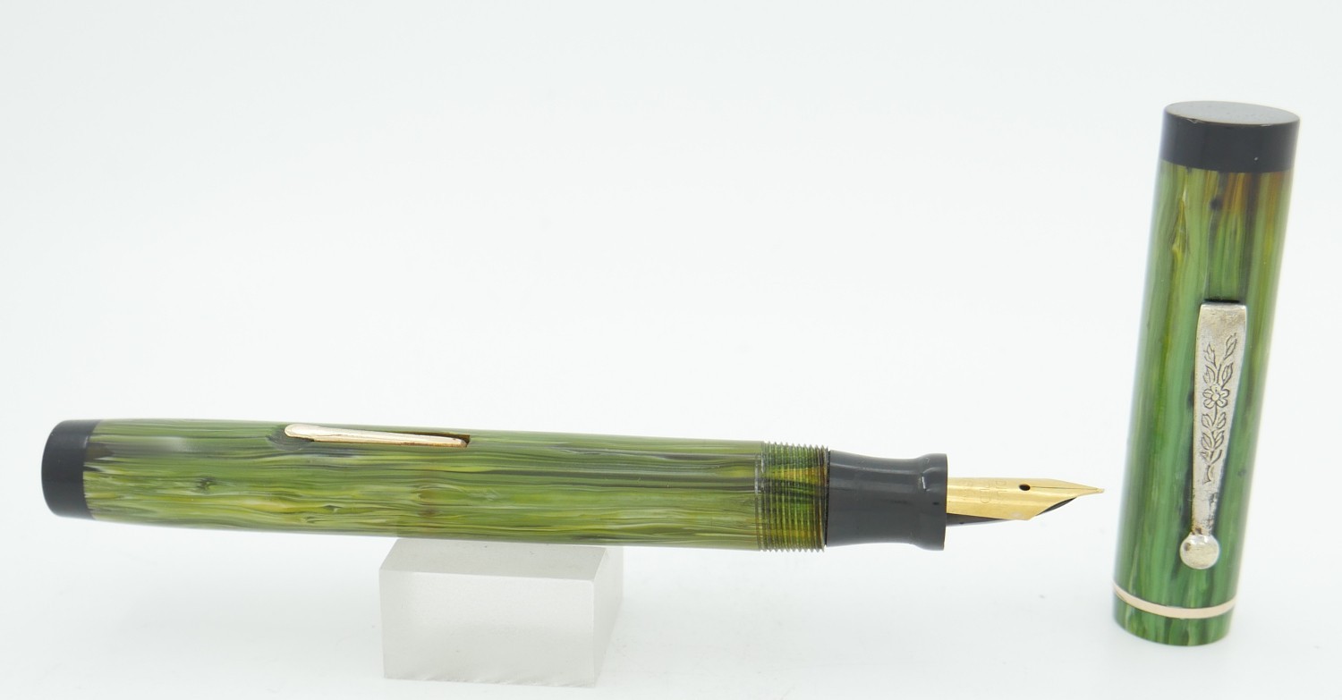 The Dependable Pen Oversize Green Straited Fountain Pen - Fine Nib - 1920's The Dependable Pen Oversize Green Straited Fountain Pen - Fine Nib - 1920's