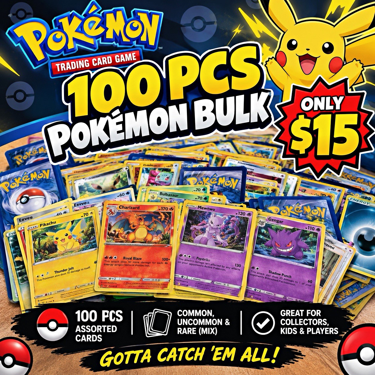 Pokemon TCG 100-Card Bulk Lot Assorted English Regular Pikachu Charizard