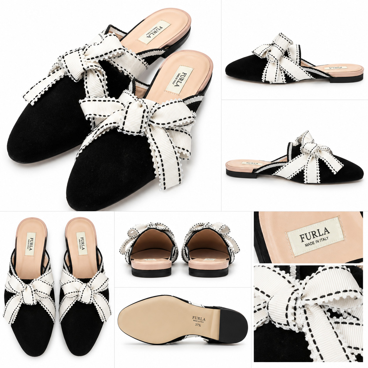 Furla Women’s Black Suede Pointed Toe Mule Flats White Bow Made in Italy
